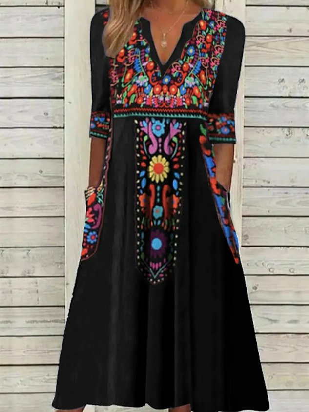 A Line Dress Midi Dress Half Sleeve Ethnic Summer V Neck