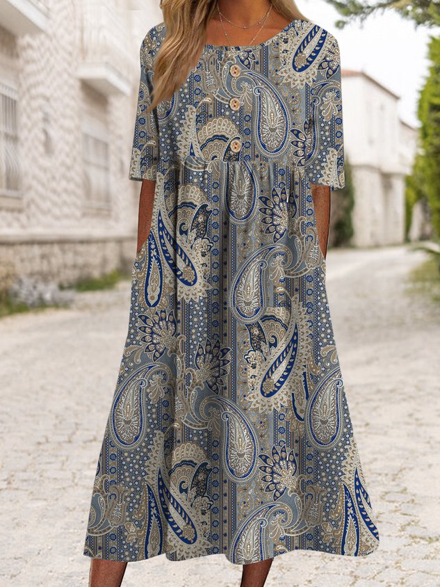 half sleeve Paisley button up long Dress