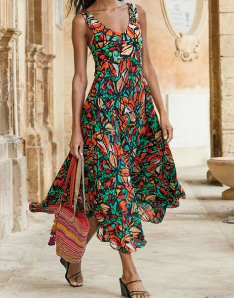 Geometric Vacation Loose V Neck Dress