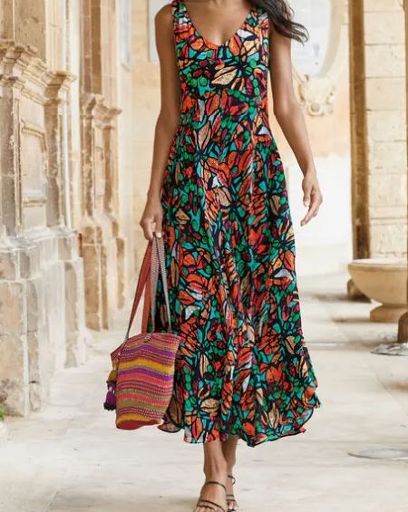 Geometric Vacation Loose V Neck Dress