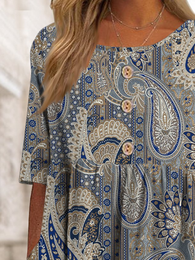 half sleeve Paisley button up long Dress