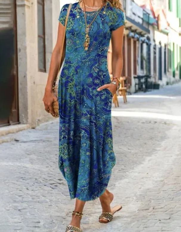 Round Neck Paisley Ombre Vacation Maxi Dress
