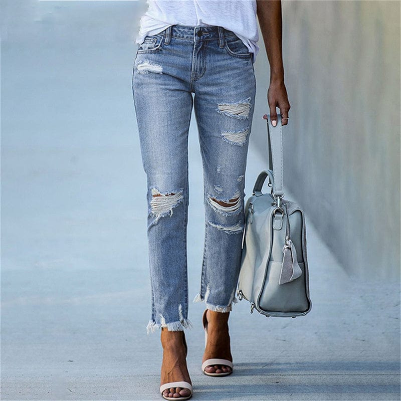 Stretch Ripped Distressed Skinny Mid Waist Denim Pants