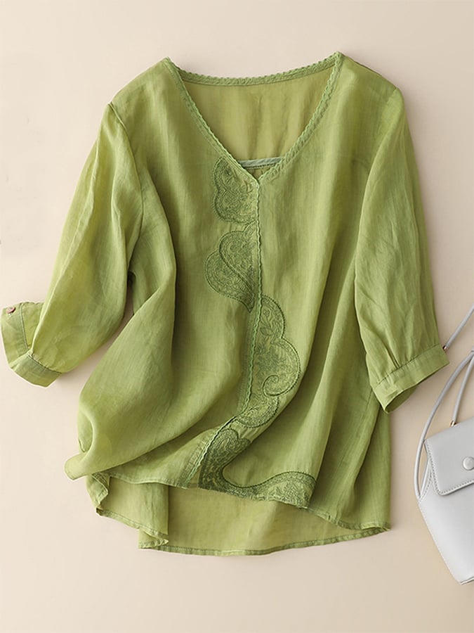 Solid Color Cotton And Linen Embroidered V-Neck Shirt