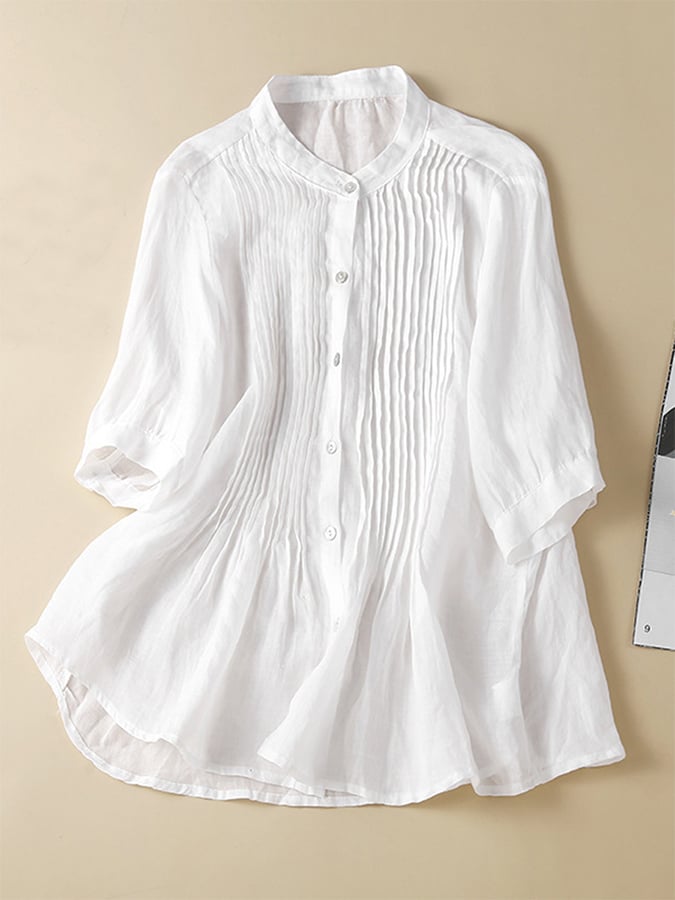 Solid Color Cotton Linen Loose Stand Collar Shirt