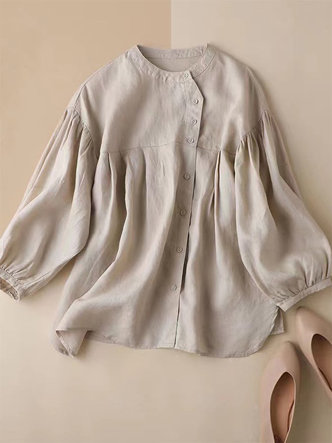 Cotton And Linen Solid Color Lantern Sleeve Shirt