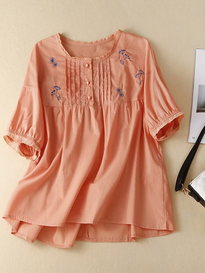 Loose Embroidered Floral Cotton Linen Short Sleeve Shirt