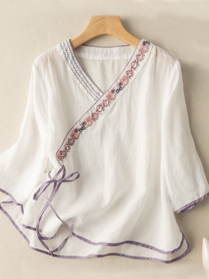 Cotton Artistic Color Matching Embroidery Loose Shirt