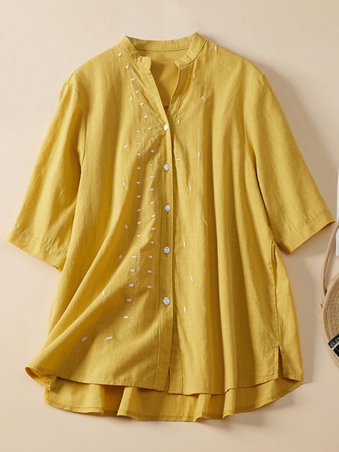 Cotton Linen Embroidered V-Neck Short-Sleeved Shirt