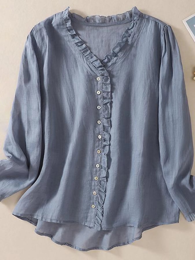 Cotton And Linen Side Of Fungus Long Sleeved V-neck Shirt