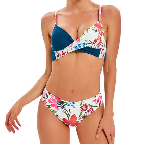 Color With Floral Print Split Bikini Top And Matching Buttom Swimming Set