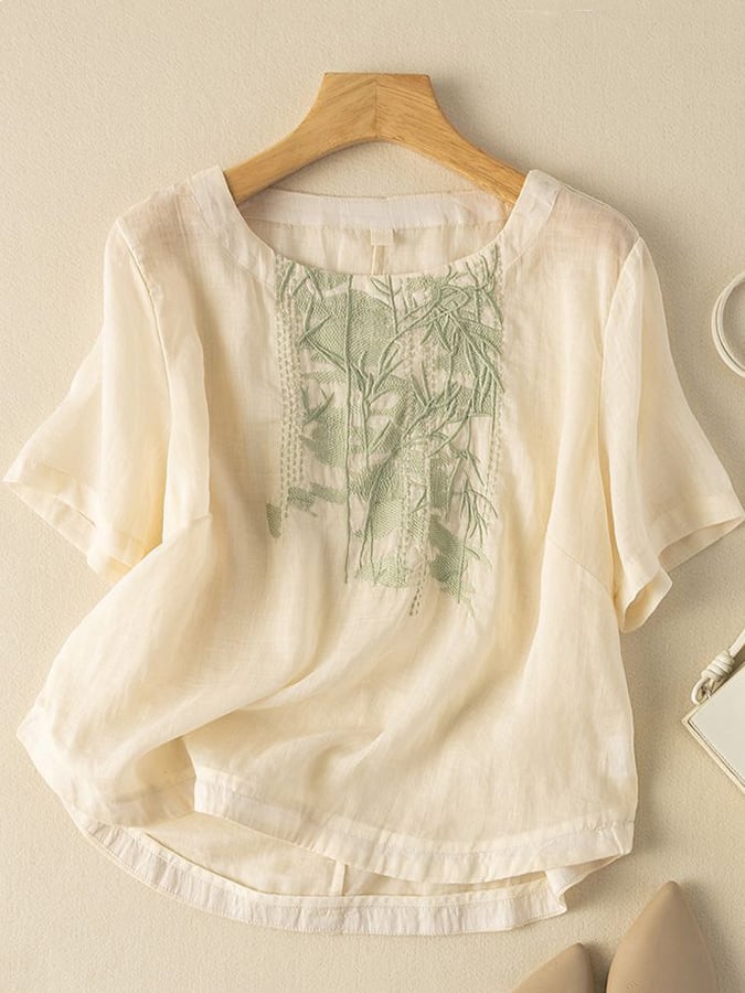 Fashionable Embroidered Round Neck Cotton And Linen Shirt