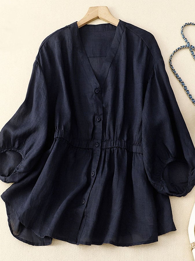 Linen V-neck Waistband Lantern Sleeve Pullover Shirt