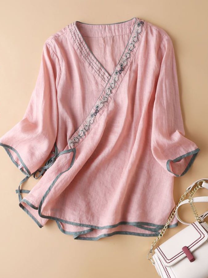 Cotton Artistic Color Matching Embroidery Loose Shirt