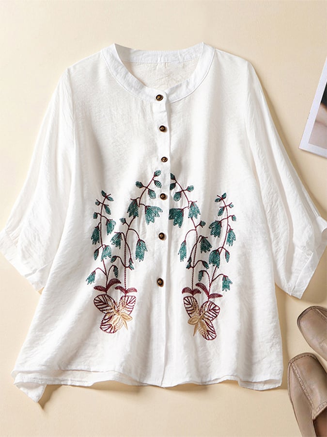 Vintage Cotton And Linen Embroidered Loose Shirt