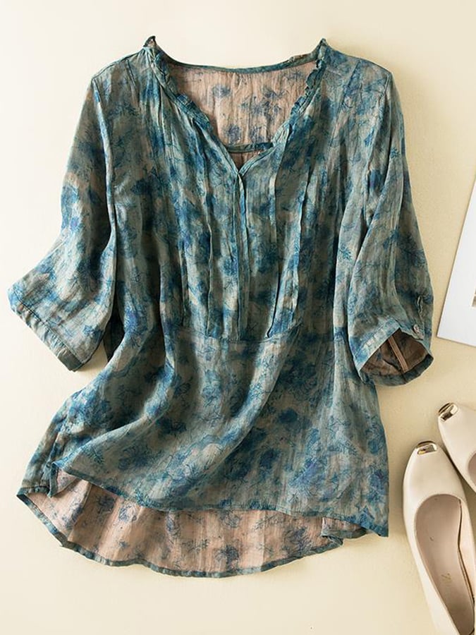 Fashion Retro Loose Print V-Neck Shirt