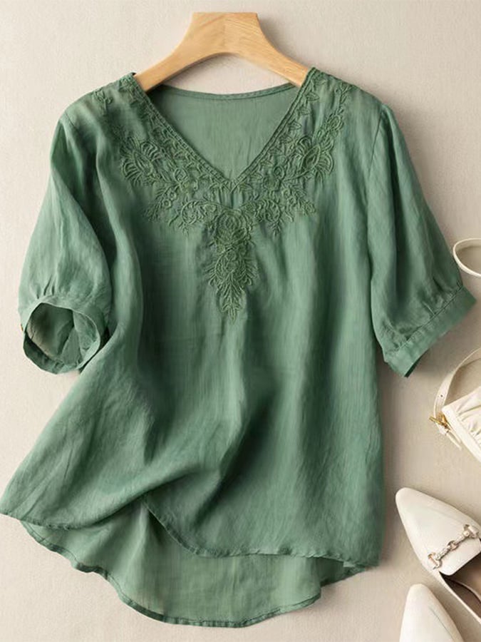 Cotton And Linen V-neck Embroidered Loose Shirt