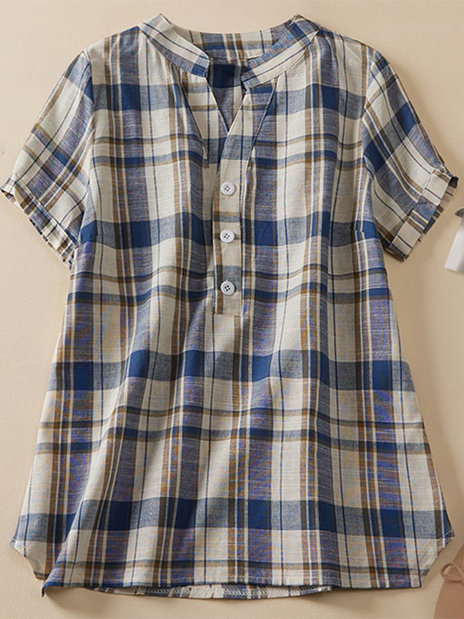 Cotton And Linen V-neck Plaid Loose Shirt