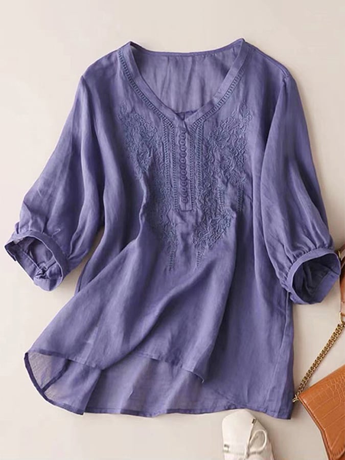 Cotton Linen Fine Embroidery V-neck Casual Top