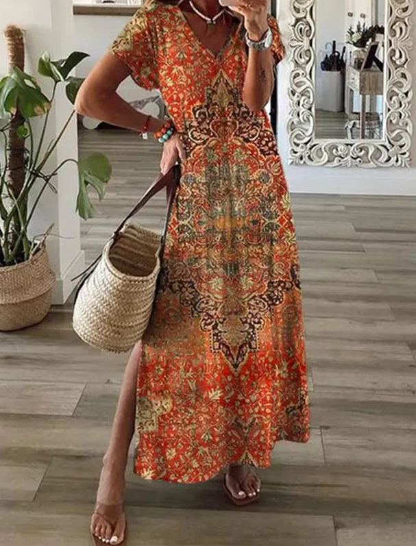 Vintage Ethnic V Neck Loose Dress