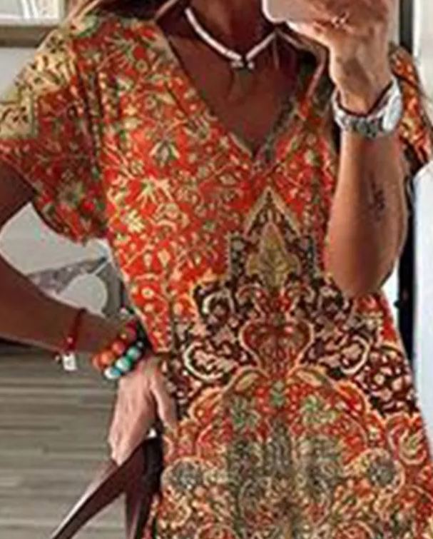 Vintage Ethnic V Neck Loose Dress